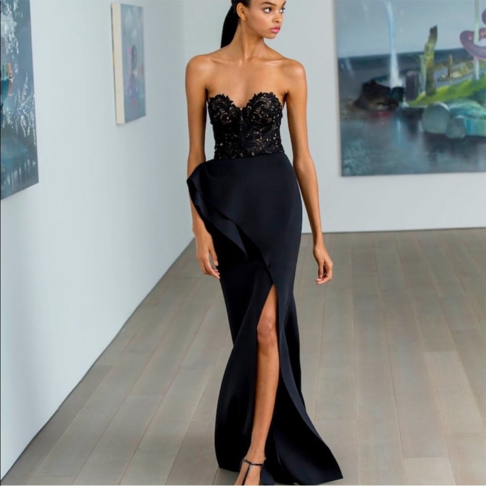 Badgley Mischka Strapless Lace Bodice Gown